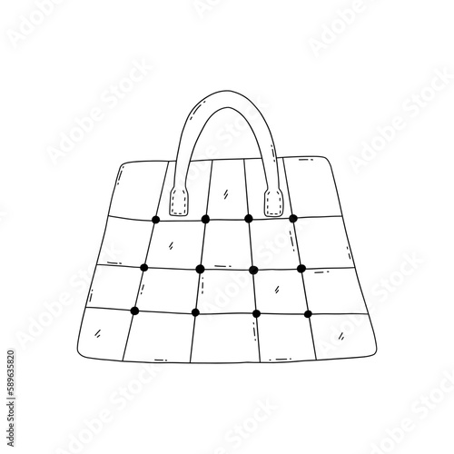 Womens roomy patchwork tote bag. Black and white vector isolated illustration hand drawn doodle. Icon or card outline