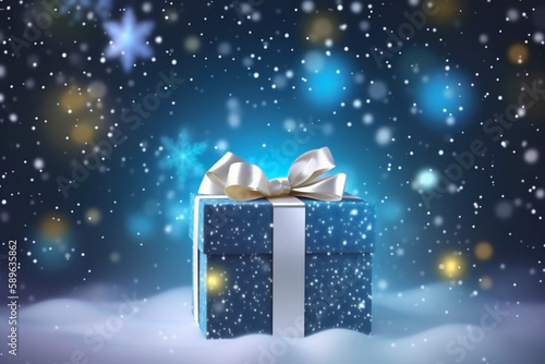 Christmas background with gift box and snowflakes on dark blue background. Blurred effect and neon lights. Merry Christmas and New YeGenerative Al contentar Holiday 2024. Close-up. © Nataliia