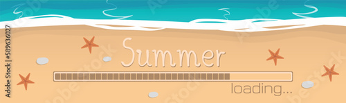 The summer is coming banner. The concept with sea and sand and the loading bar. A vector illustration