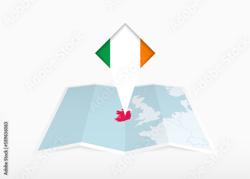Ireland is depicted on a folded paper map and pinned location marker with flag of Ireland.