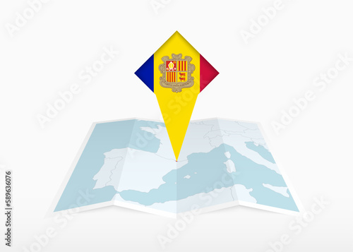 Andorra is depicted on a folded paper map and pinned location marker with flag of Andorra.