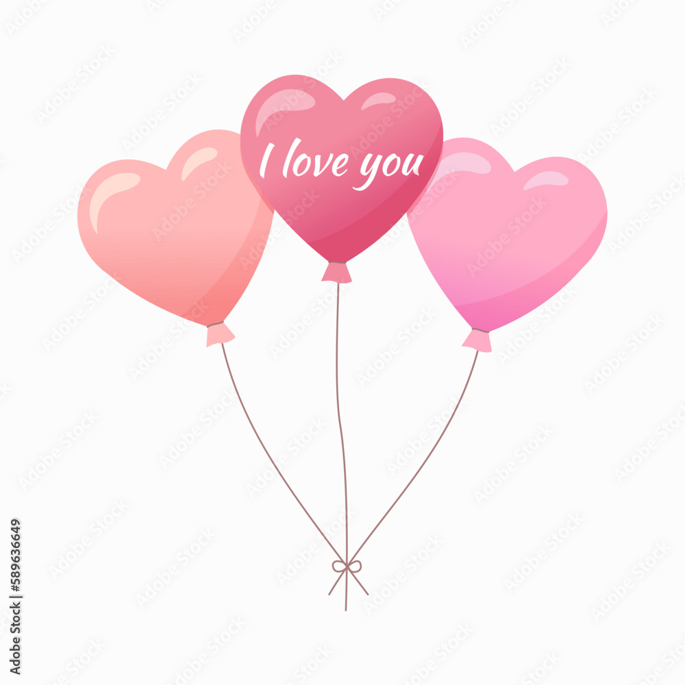 I love you romantic flat illustration. Cute vector illustrations with heart balloons with a description. I love you vector inscription