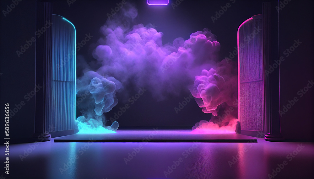 Neon empty stage with neon smoke in back with spot light Created with Generative AI technology