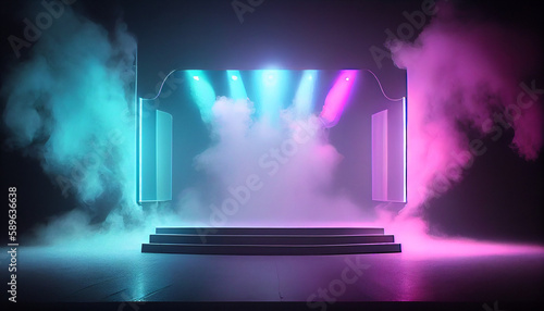 Neon empty stage with neon smoke in back with spot light Created with Generative AI technology