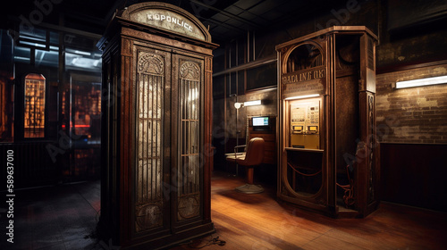 Old School Phone Booth in Dark Room, generative ai