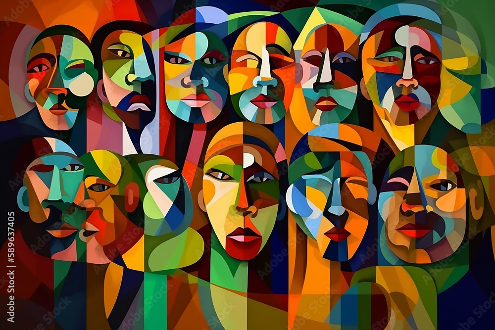 different faces with different color backgrounds, in the style of vibrant cubism. Generative AI.