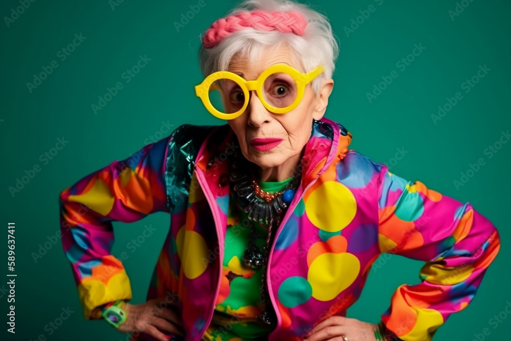 attractive senior woman with glasses, playing sport in colorful outfit. Generative AI. attractive senior woman with glasses, playing sport in colorful outfit. Generative AI.