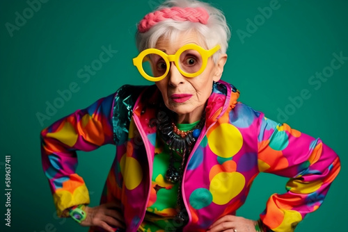 attractive senior woman with glasses, playing sport in colorful outfit. Generative AI.