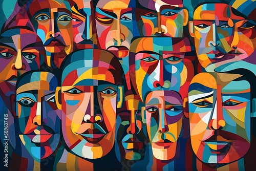 poster with faces of people, different colors. Generative AI.