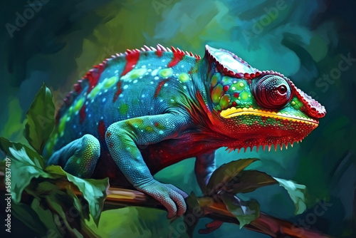 green back chameleon, in the style of photorealistic fantasies. Generative AI.