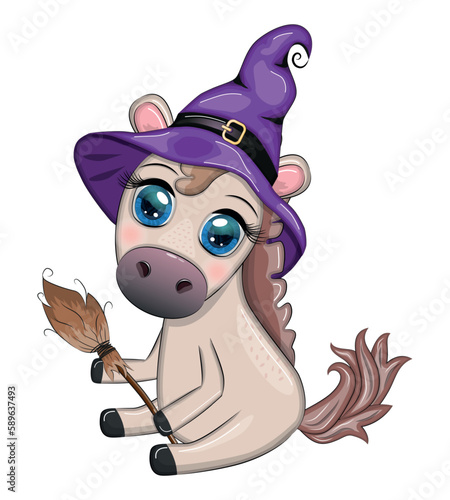 Cute horse, pony in a purple witch hat, with a broom, pumpkin, potion. Halloween card for the holiday