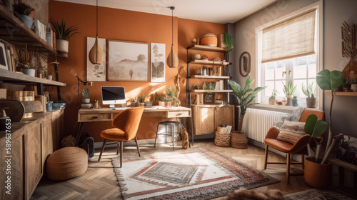 Home office interior idea with natural wood furniture, industrial, eclectic style. Generative-ai-assisted concept.