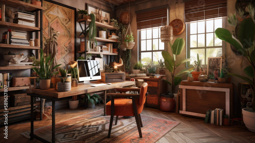 Home office interior idea with natural wood furniture, industrial, eclectic style. Generative-ai-assisted concept. © MonaMood