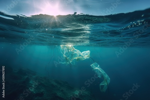 Plastic pollution in ocean. Generative AI © Create image