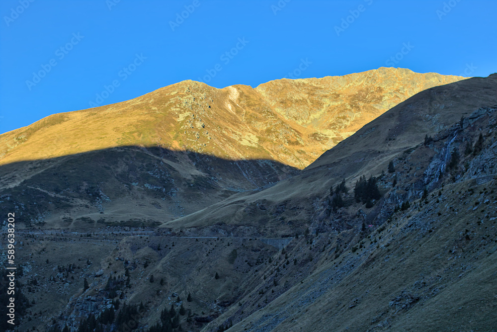 Mountain landscape in late autumn in the Carpathian Mountains, Romania. Fagaras. Tourist and geological landmark. Autumn landscape in high mountains.