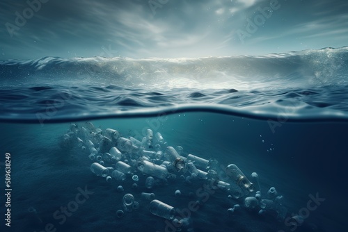 Plastic water bottles pollution in ocean( Environment concept) . Generative AI © Create image