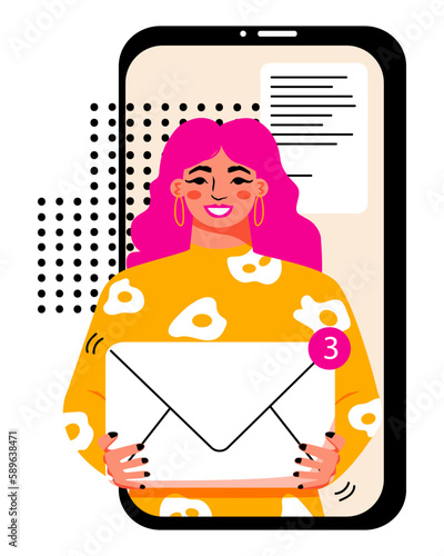 Inbox message. Concept new letters in the mailbox. Online notification. E-mail marketing, woman holding envelope. Laptop. Vector illustration