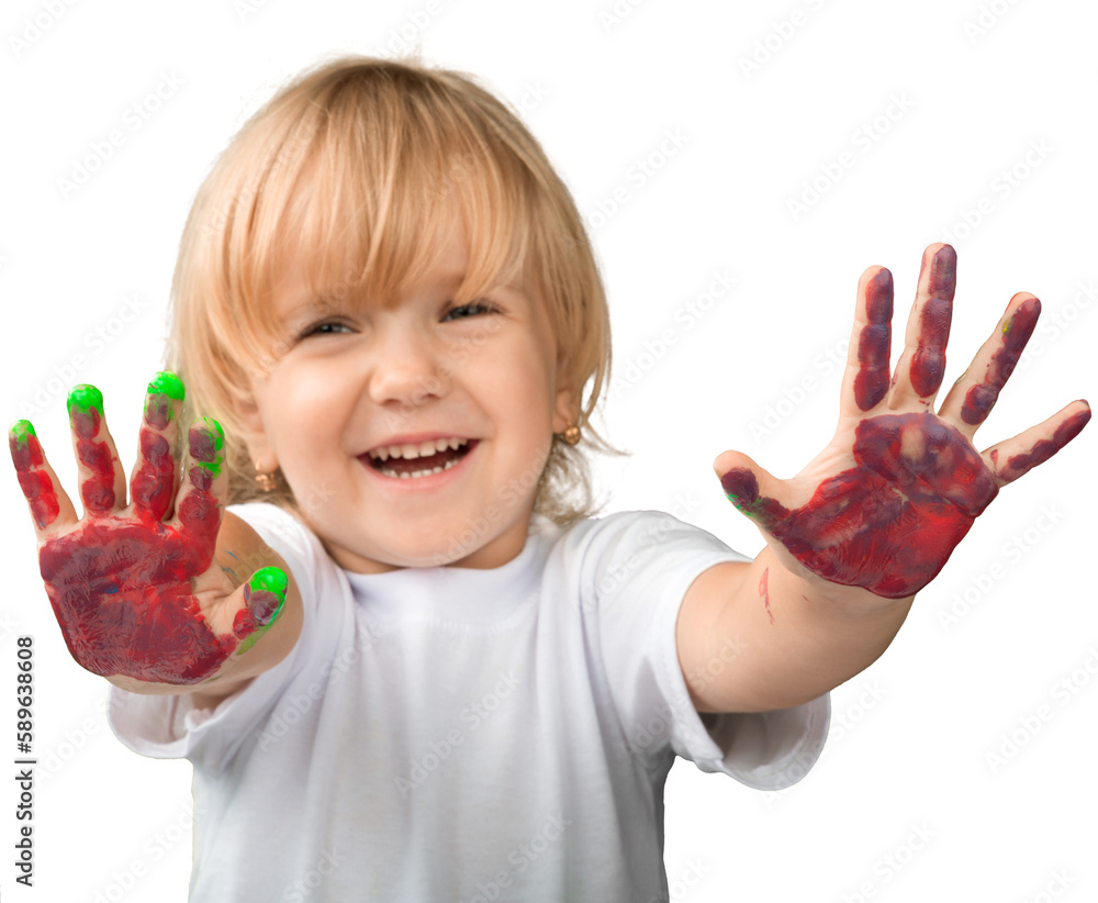 Little girl showing painted hands on white background Little girl showing painted hands on white background