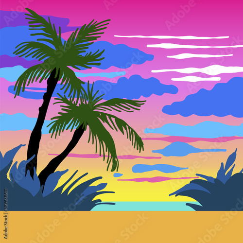 Abstract tropical landscape with palm trees at sunset. © tiff20