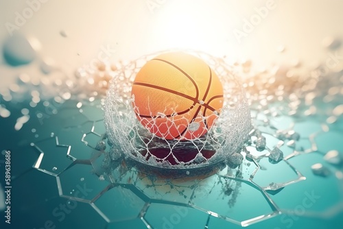 Round planet Earth with water and land in basketball hoop with colorful net on light background with sunlight and shadow. Generative AI