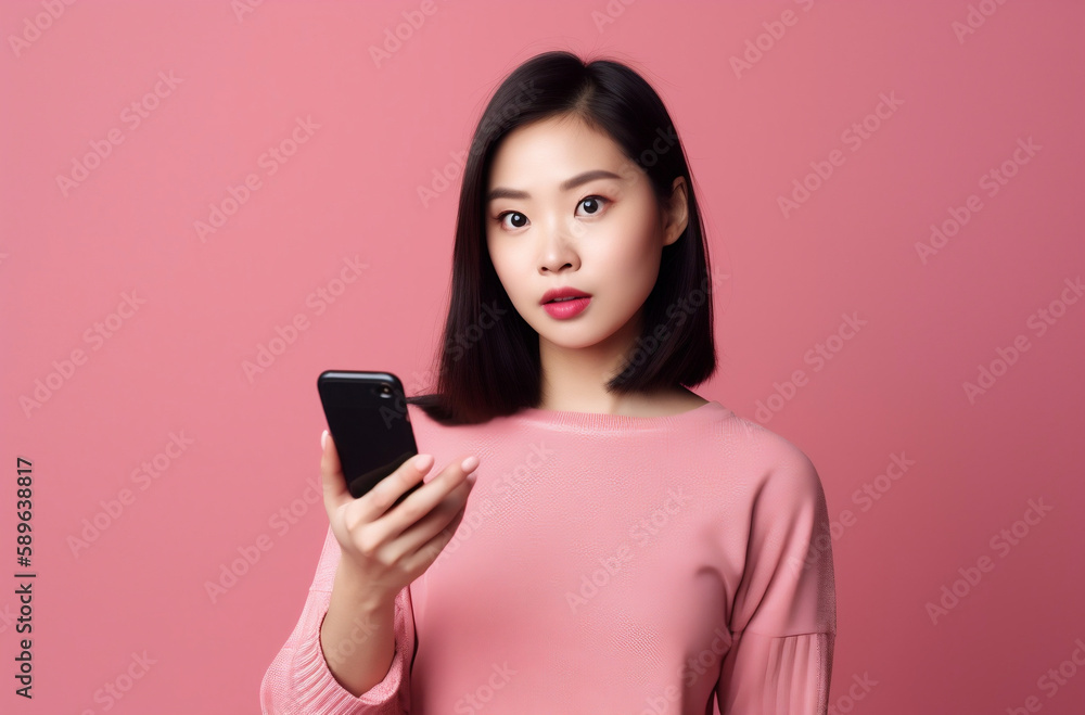 Asian woman with smart phone on pink background - Generative AI Asian woman with smart phone on pink background - Generative AI