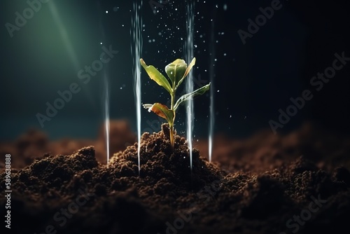 Seedling are growing from the rich soil with business arrow of growth Concept of business growth, profit, development and success. Generative AI
