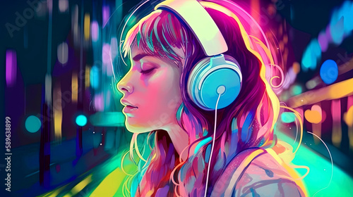 Woman with Headphones and Vibrant Neon Colors, generative ai
