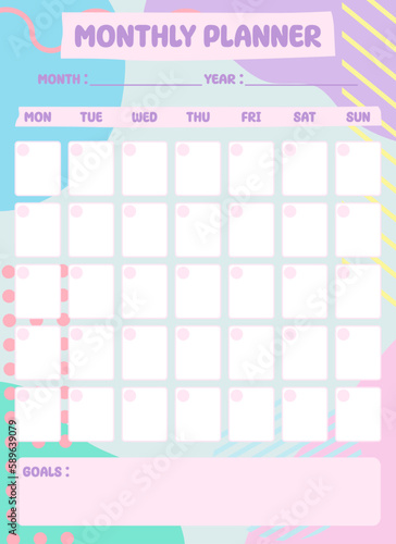 Monthly planner template with colorful hand drawn geometric background. Flat style. Vector illustration.