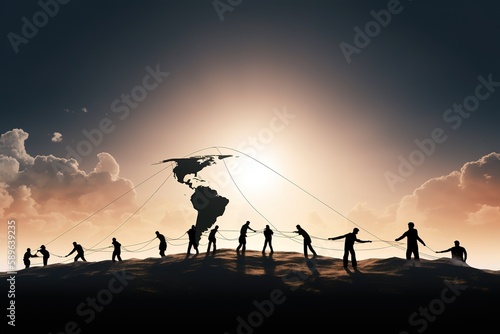Silhouettes of people pulling Earth plane with rope Elements of this image are furnished by NASA. Generative AI