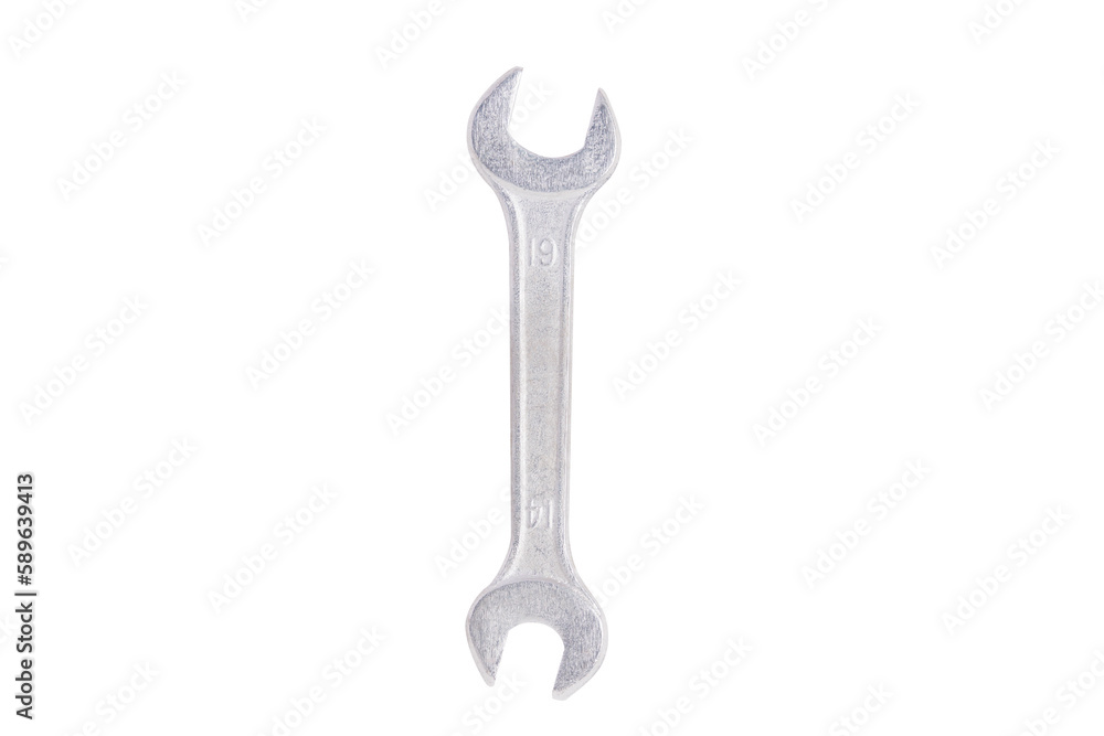 Closeup of stainless steel double head wrench background cutout. Repair and maintenance tool in engineering workshop concept. Closeup of stainless steel double head wrench background cutout. Repair and maintenance tool in engineering workshop concept.
