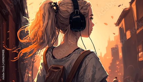 Pastel Lofi Girl wearing Headphones in an Orange Sunset City, generative ai