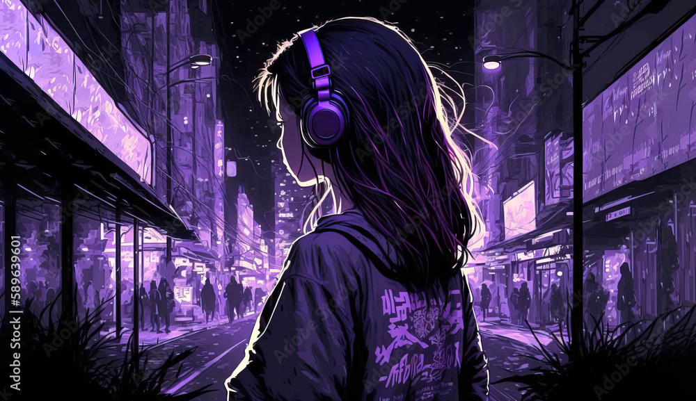 Purple Girl in Headphones in a dark Purple City Street, lofi anime style, generative ai