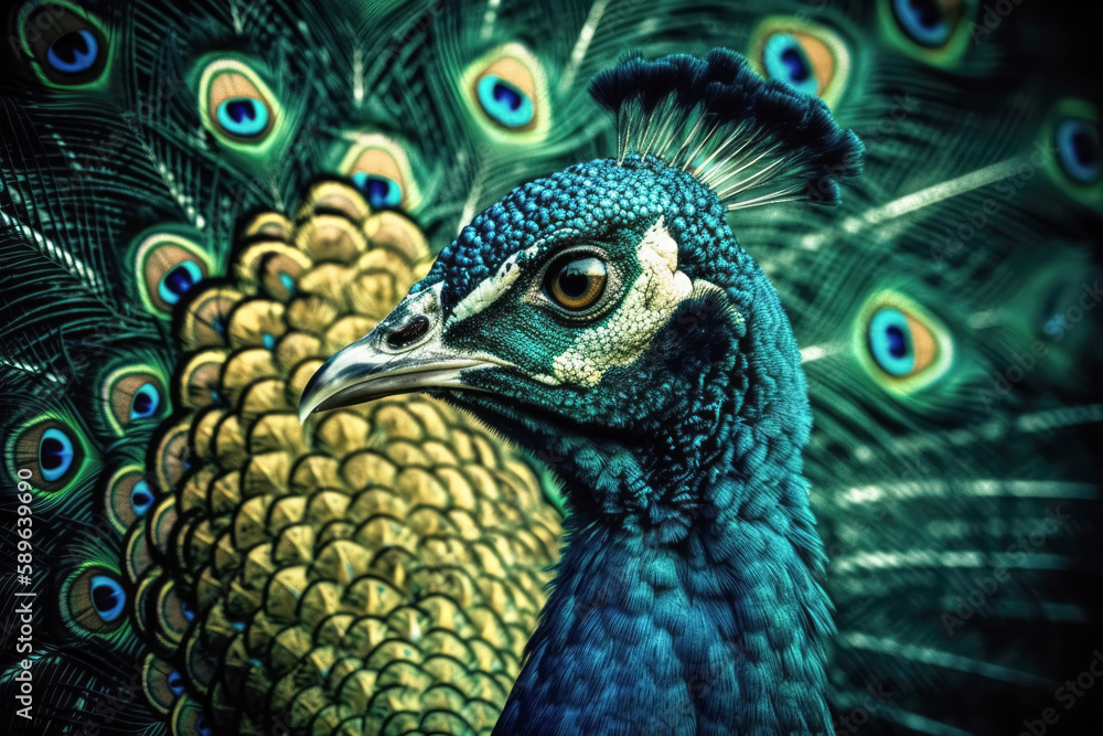Fototapeta premium Elegant colourful peacock portrait. AI generated