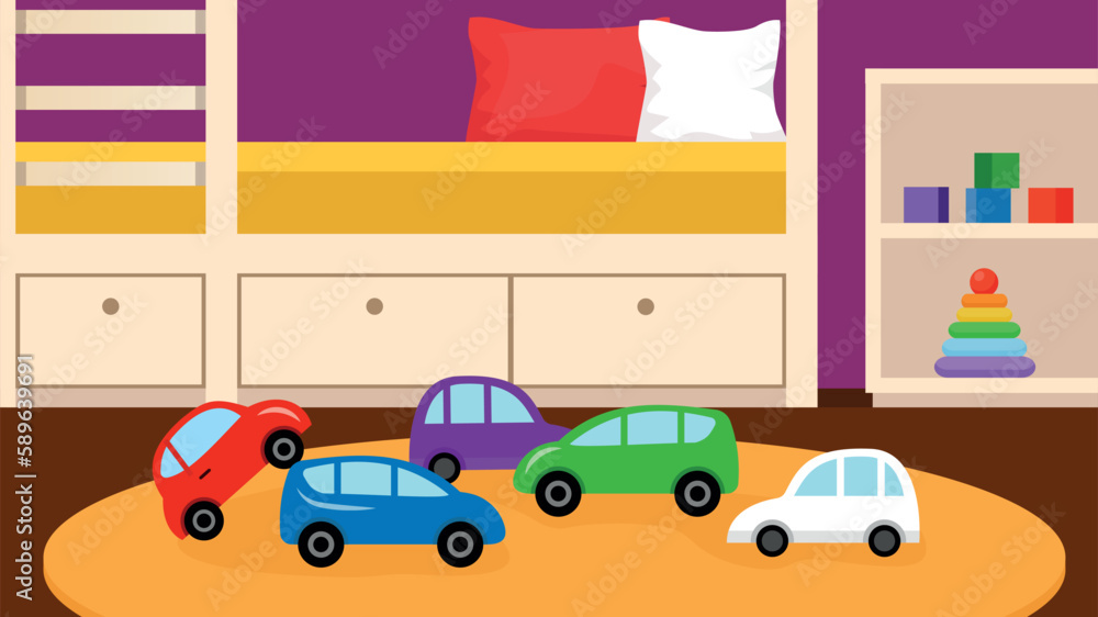 Naklejka premium Children's room with furniture and toys. Vector illustration in flat style