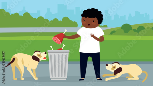 Vector illustration of a black boy throwing a dog in a trash can