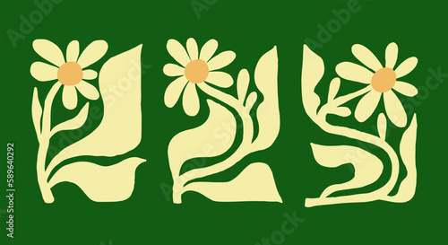 Abstract Naive Floral Handdrawn Botanical Posters Set. Modern Botanical Prints with Flowers in Contemporary Minimal Style. Design for fabric, print, cover, banner, decoration, wallpaper.