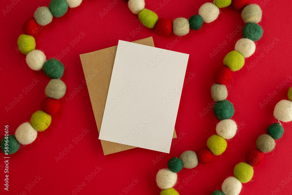 flat lay with card and colorful balls