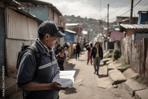 Social worker man walking in poor neighborhoods. Generative AI