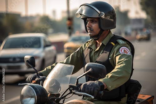 Indian policeman riding motorbike patrols streets in India. Generative AI