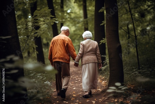 Elderly couple holding hands while walking in the park. Generative AI