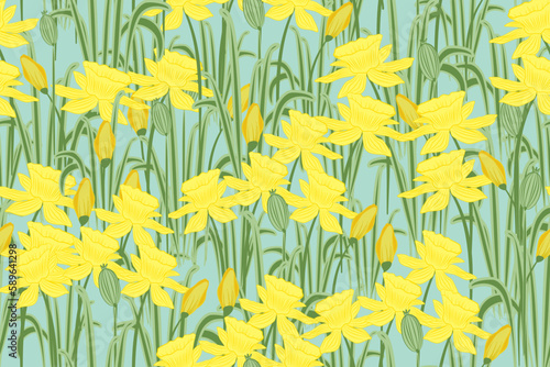 seamless pattern with yellow daffodil flowers vector illustration for interior,  fabric fashion, cover, gift wrapping, design 
