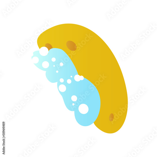 Washcloth with foam and bubbles. Isolated yellow washcloth on a white background. Vector illustration.