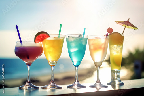 Colorful cocktail drinks with sunset and ocean in background. Generative AI illustration
