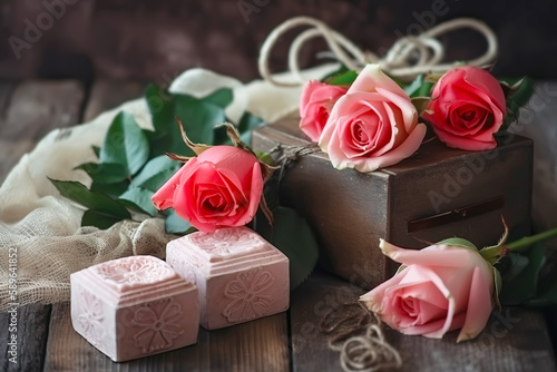 Composition with handmade soap and roses. Festive spa background. Generative AI illustration