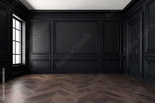 Empty interior with modern classic black wall panels and wooden flooring, Generative AI
