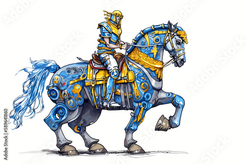 Robot knight riding a mechanical horse. Colorful sketch on white background. Game concept of yellow and blue android. AI generated illustration © dima_oris