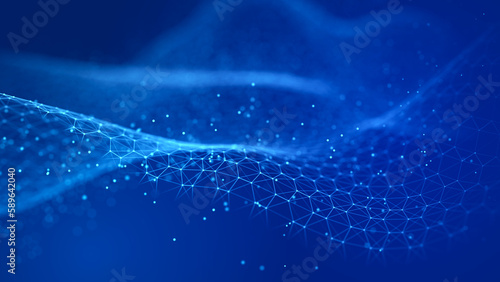 Technological background. A wave of musical particles intertwined with dots and lines. Internet explorer for big data. 3D.