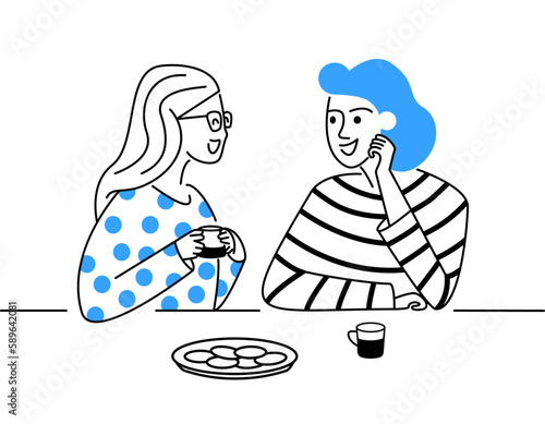 Two friends having coffee flat vector illustration