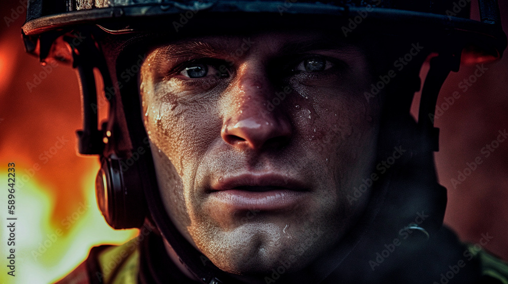 Close-up of a firefighter's face fighting a fire. Copy space. Generative IA. 2 Close-up of a firefighter's face fighting a fire. Copy space. Generative IA. 2