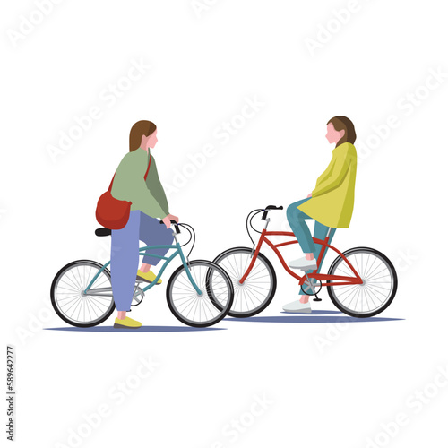 Girls on bicycles talking to each other flat vector illustration